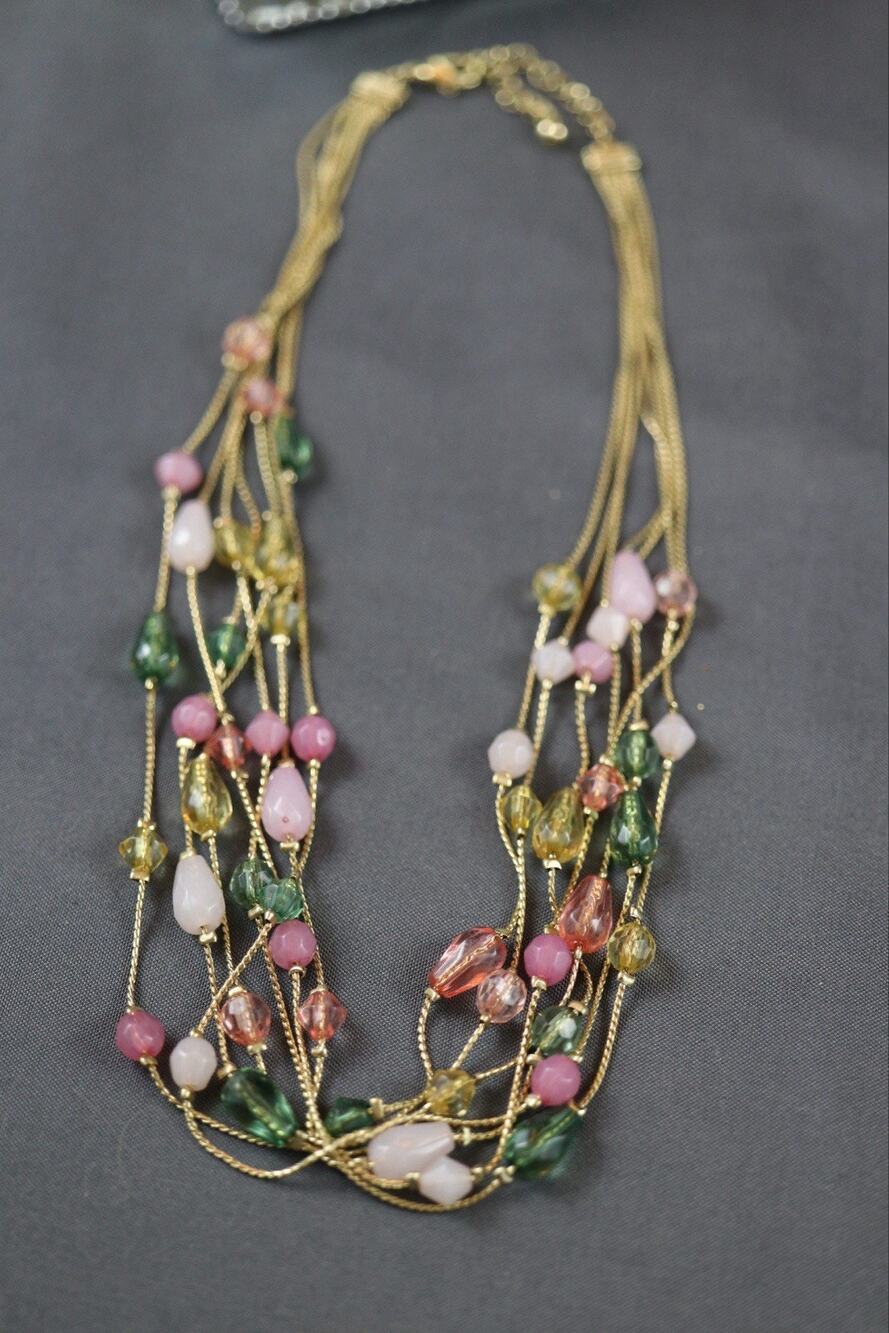 Multi-Strand Gold-Tone Beaded Necklace – Pink, Green & Amber Glass & Stone Beads
